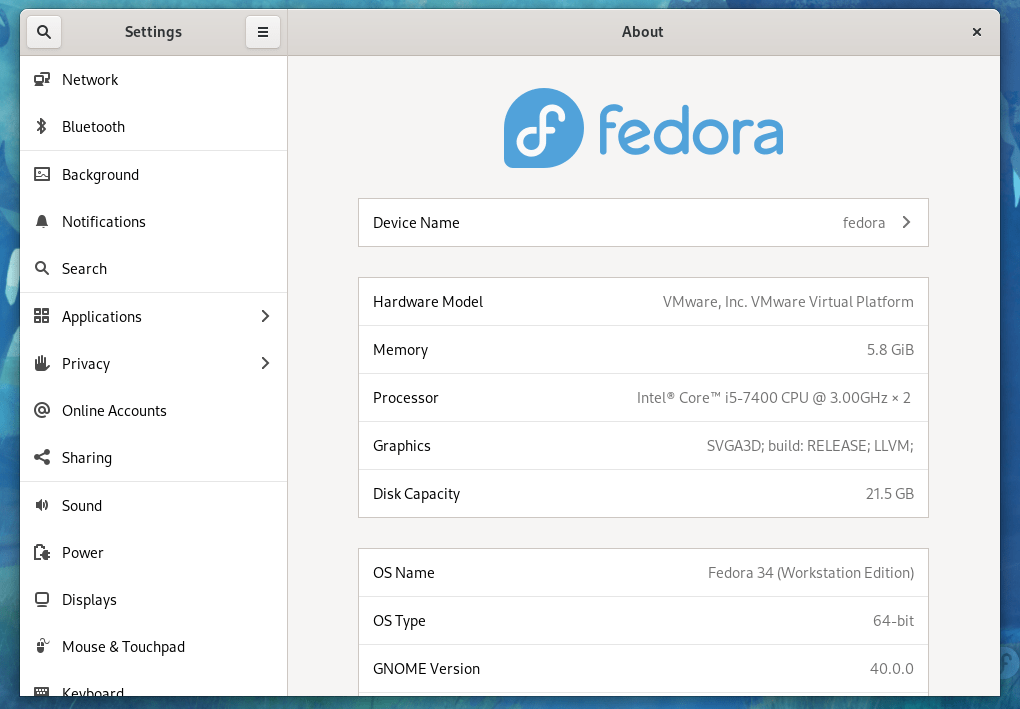 fedora 34 about