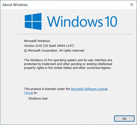 Upgraded to Windows 10 Version 21H2 Build 19044.1147