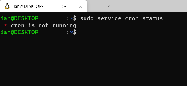 A Windows WSL terminal window showing that cron is not running. 
