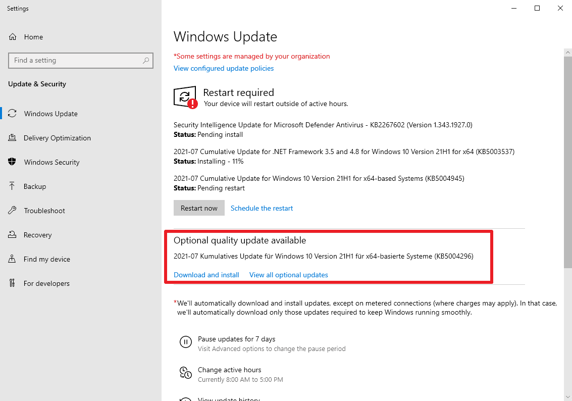 KB5004296 optional update windows 10