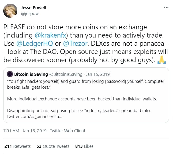 Kraken founder tweets warning about crypto exchanges for cryptocurrency investing