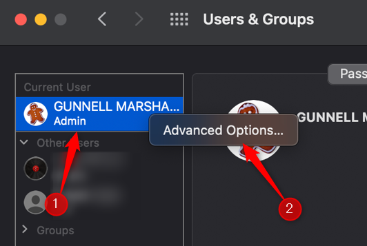 Right-click your user name and then click "Advanced Options."