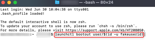Run the launchctl bootout user command.