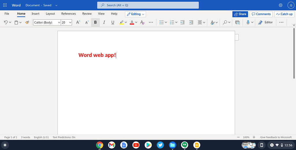 Microsoft Word web app on Chrome OS