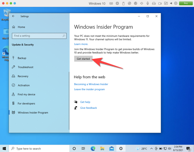 In the Windows Insider Program section of Settings app, select "Get Started" button. 