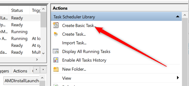 Windows 10's Task Scheduler with a red arrow pointing to the "Create Basic Task" option.