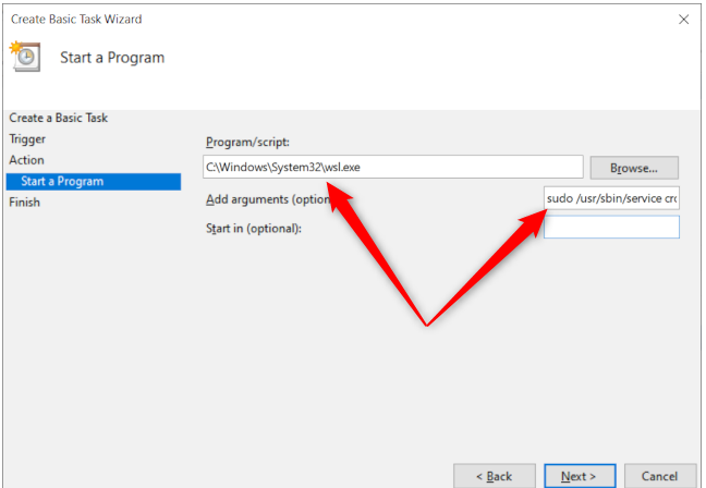 Windows 10 Task Scheduler's program options with red arrows pointing to the program path and the additional arguments text entry box.