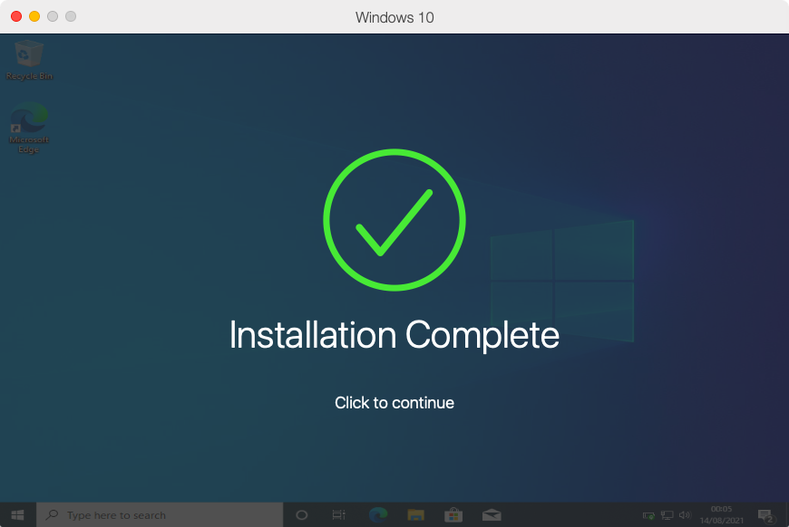 Confirmation message for Windows 10 installation in Parallels completed.