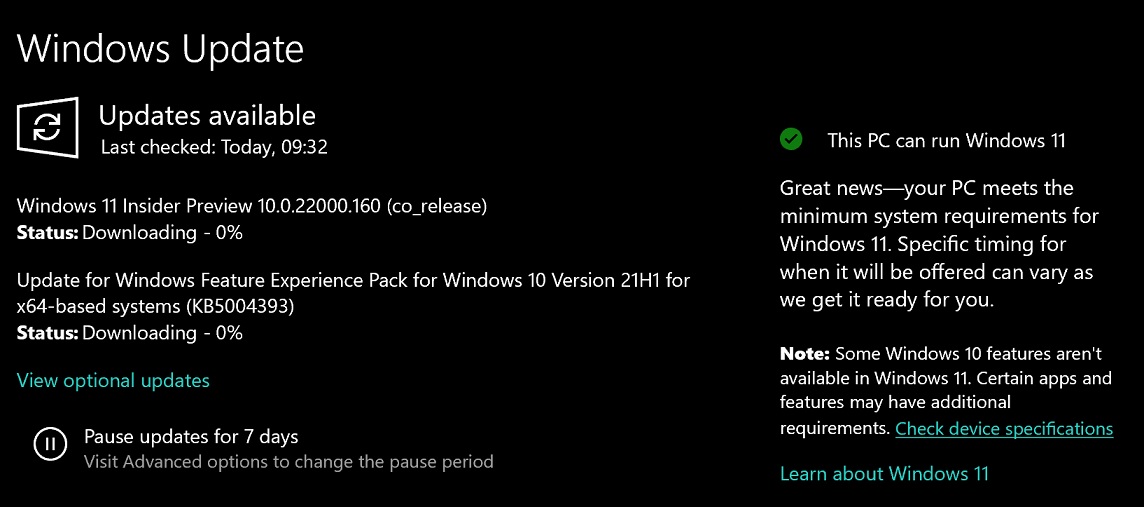 Windows Update now tells you if Windows 11 can be installed on your PC