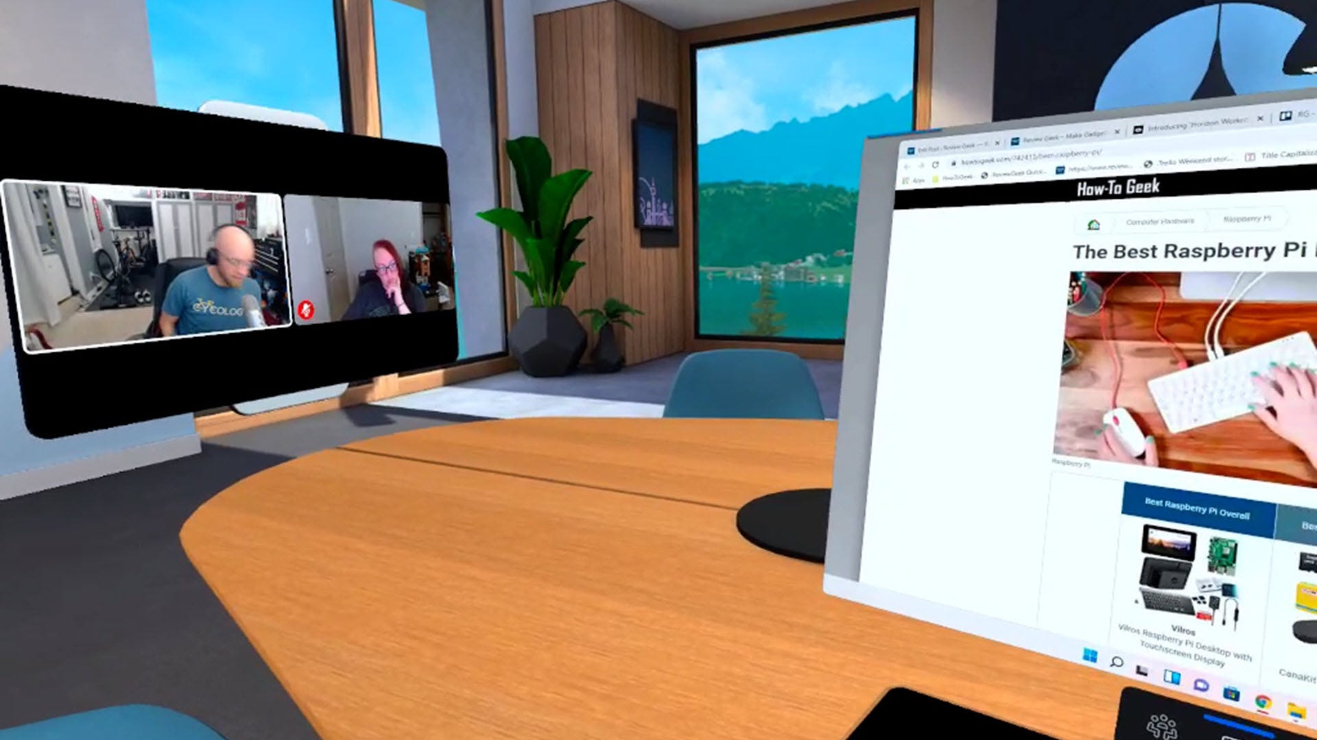 A conference room with a Zoom-like screen call in the middle.