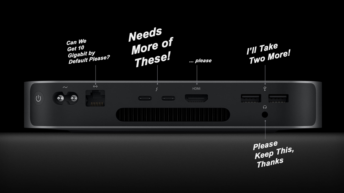 A diagram of the M1 Mac Mini altered to complain about the poor port selection. Needs more Thunderbolt 3 ports, 10 Gigabit Ethernet by default, etc.
