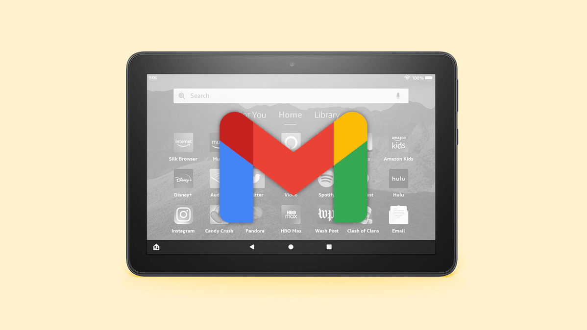 Amazon Fire tablet with Gmail logo.
