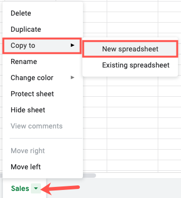 Click the arrow and pick Copy To New Spreadsheet