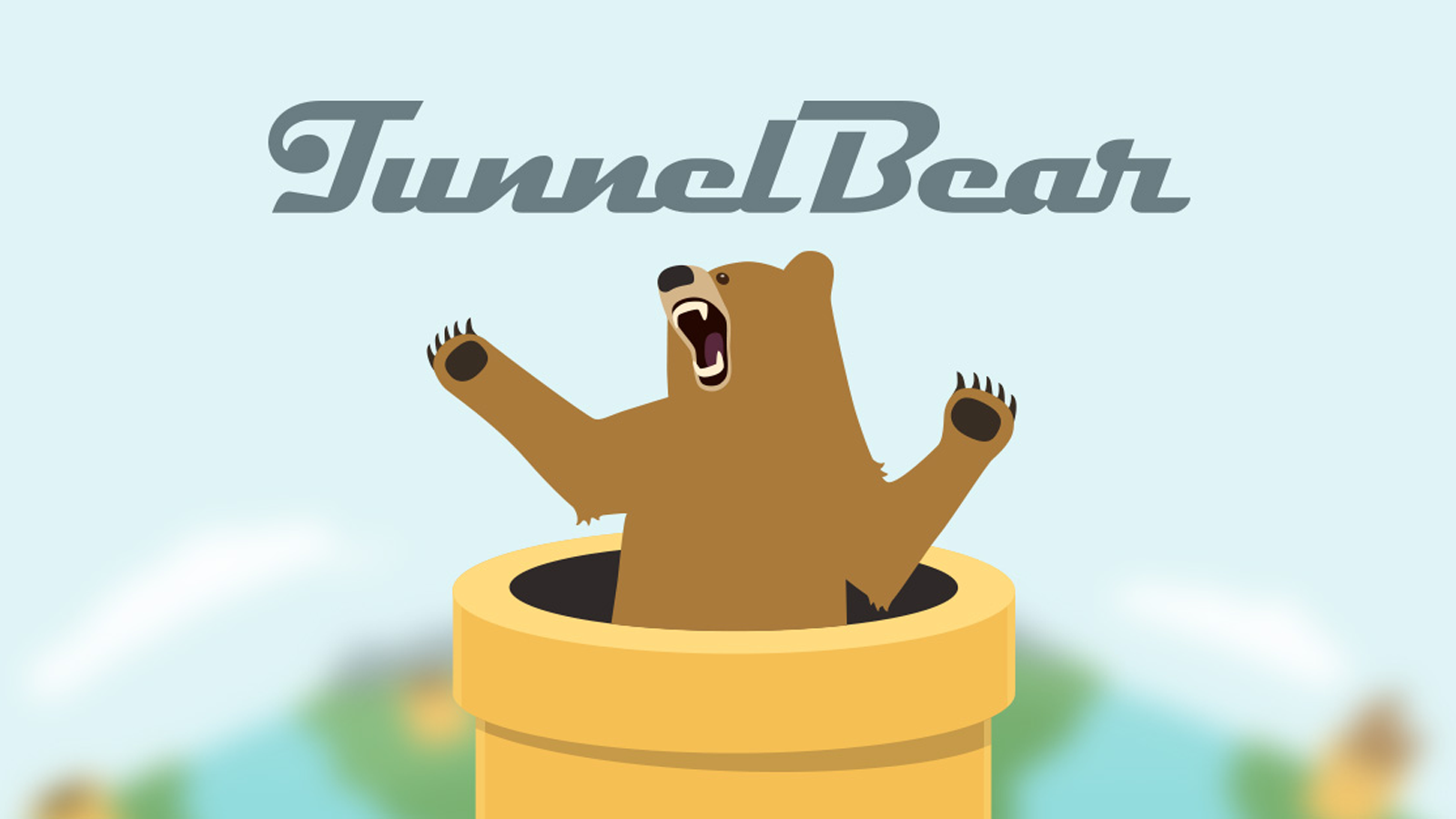 Tunnelbear name and logo against blurry mountain background