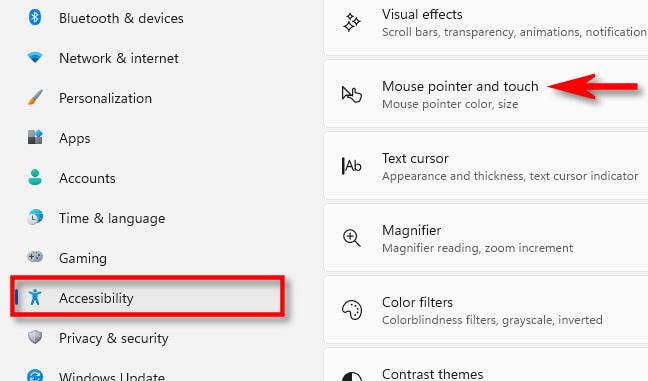 In Windows 11 Settings, click "Accessibility" in the sidebar, then select "Mouse Pointer and Touch."