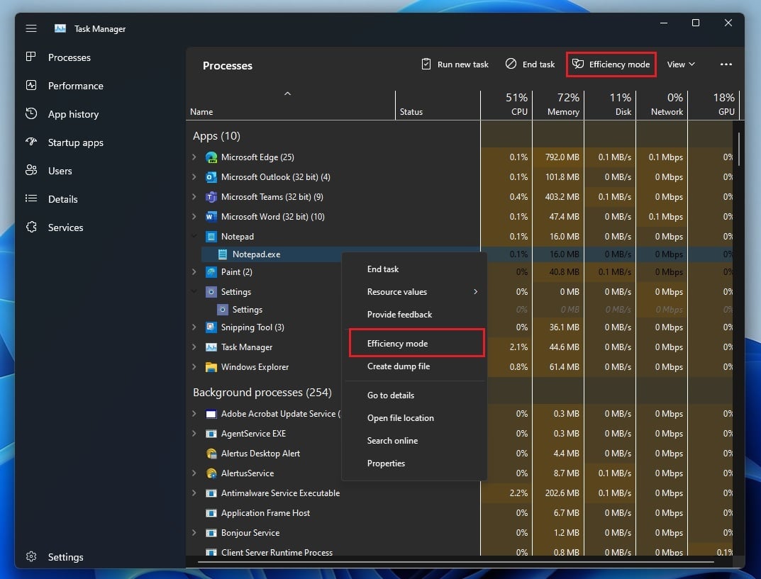 Task Manager efficiency mode feature