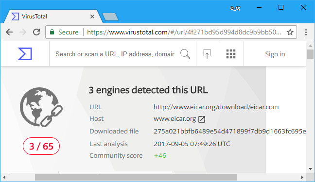 VirusTotal results with only 3/65 engines detecting some kind of malware. 