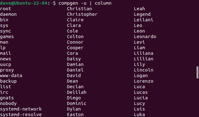 Using the compgen and column commands to list the user account names from the /etc/passwd file in columns
