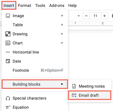 Click Email Draft in the Insert menu for Building Blocks