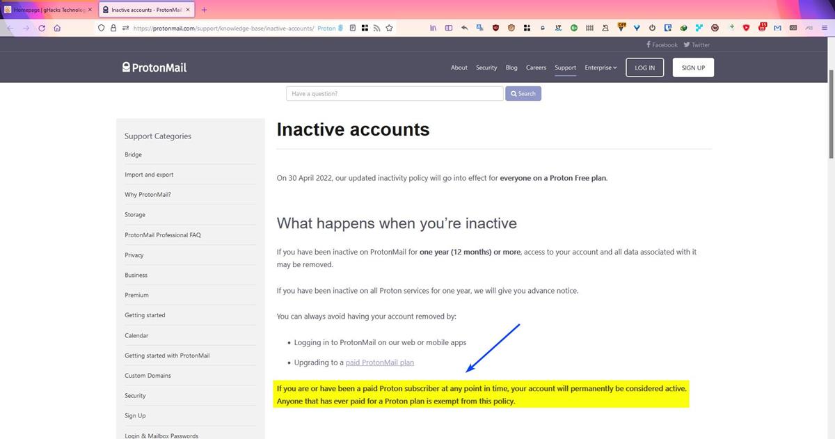 ProtonMail will not delete user accounts for inactivity if the user had paid for a subscription at any point