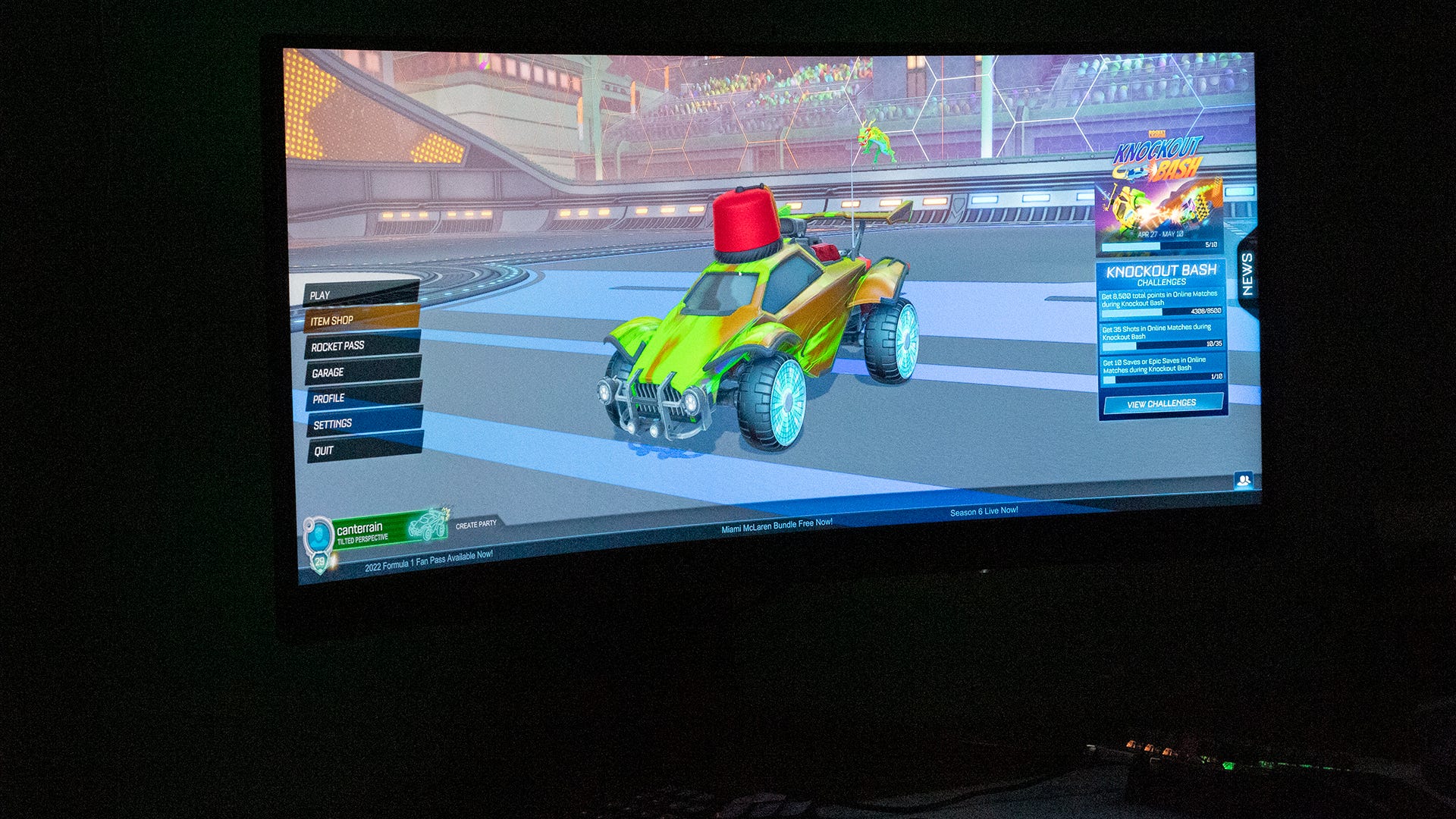 A monitor playing 'Rocket League'
