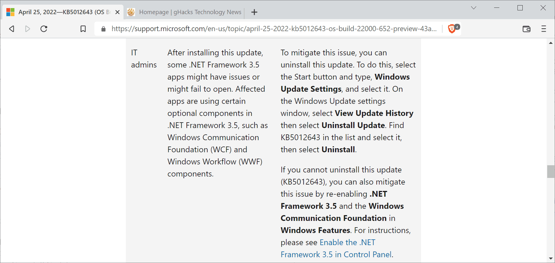 KB5012643 for Windows 11 may crash some .Net apps