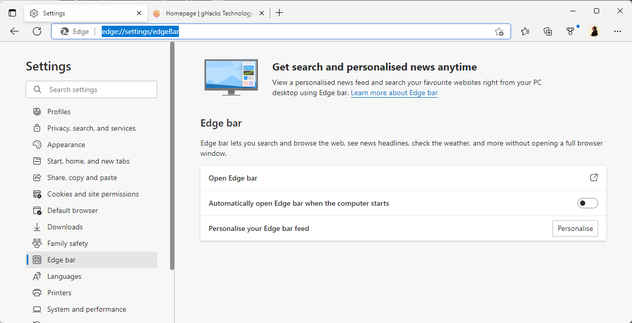 How to remove the Edge Bar search field on Windows desktops