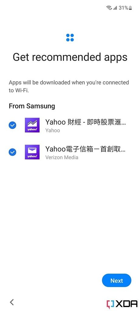Galaxy A53 set up wizard prompting to download "recommended apps" 