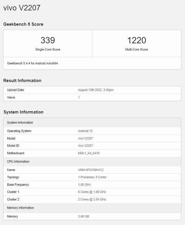 Vivo Y22 Spotted on Geekbench with Helio G85 SoC, Launch Near