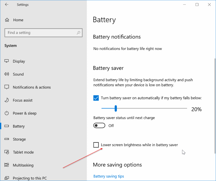 Prevent Windows 10 From Lowering Screen Brightness When On Battery Saver