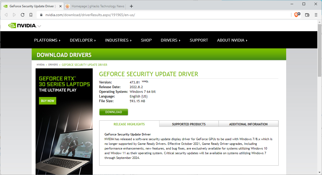 Nvidia releases security update for unsupported Windows 7 and 8.1 systems