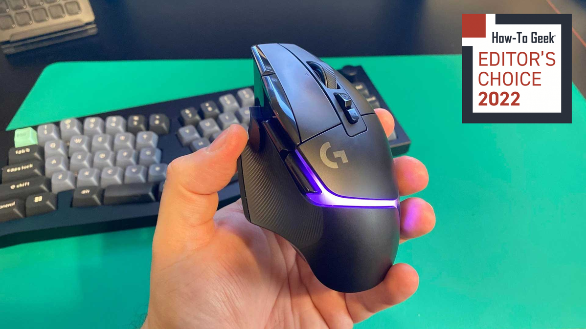 Logitech G502 X Plus mouse with green lighting.