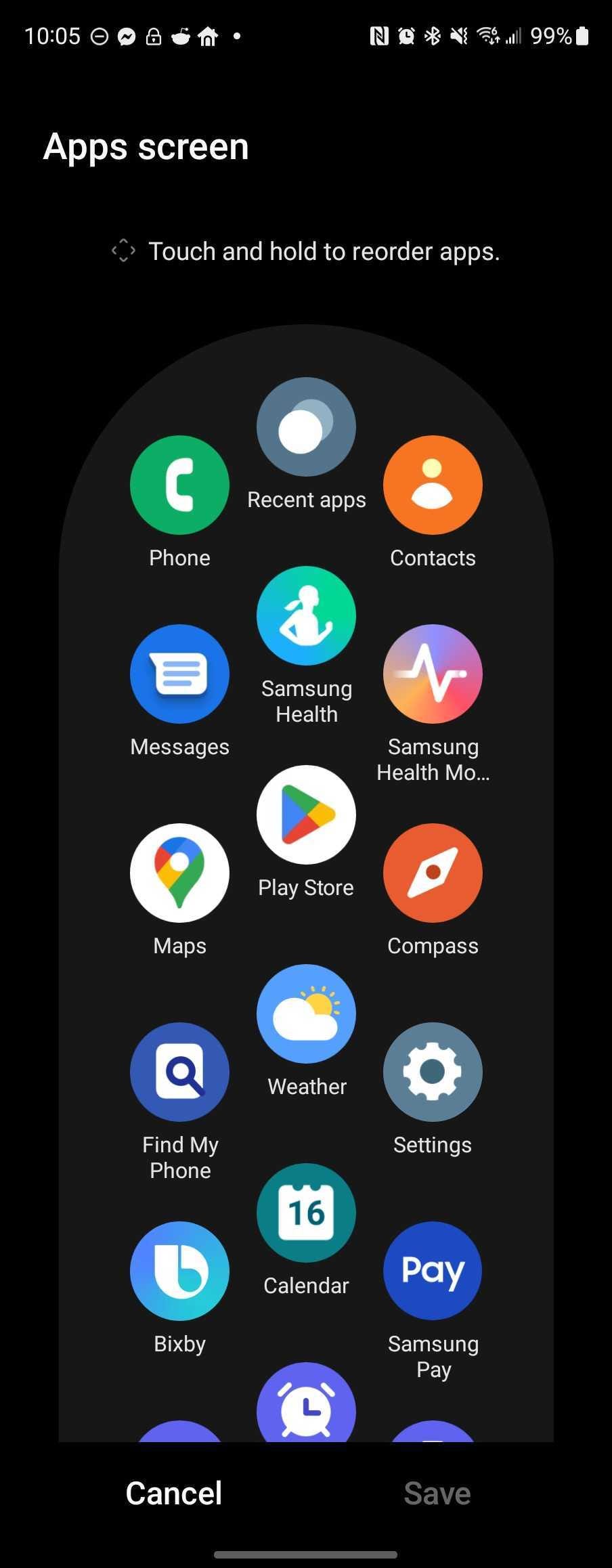 The Galaxy Watch app screen for reorganizing apps