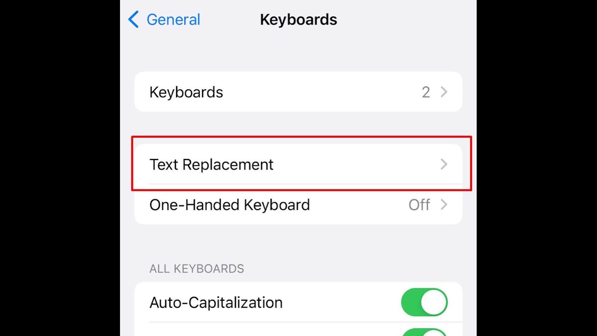 in Keyboard, choose Text Replacement