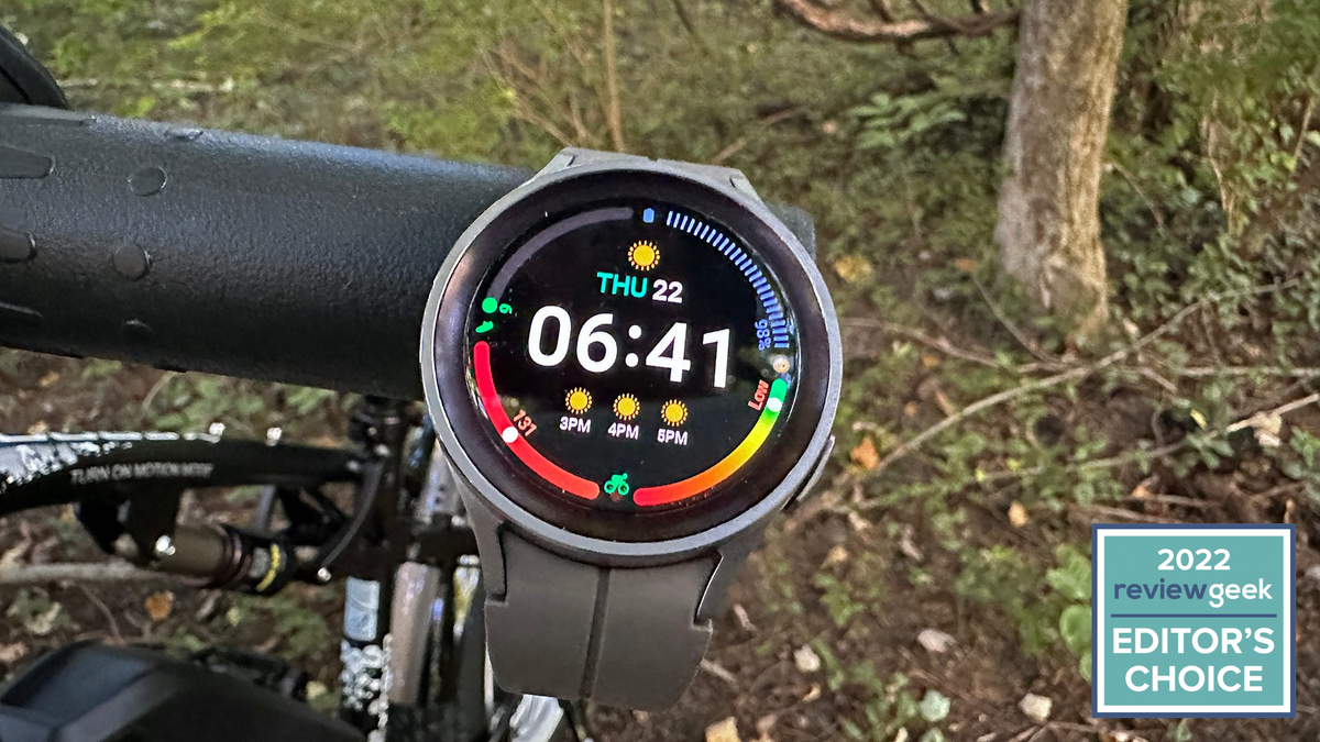 A Galaxy Watch 5 Pro hanging on a bike 
