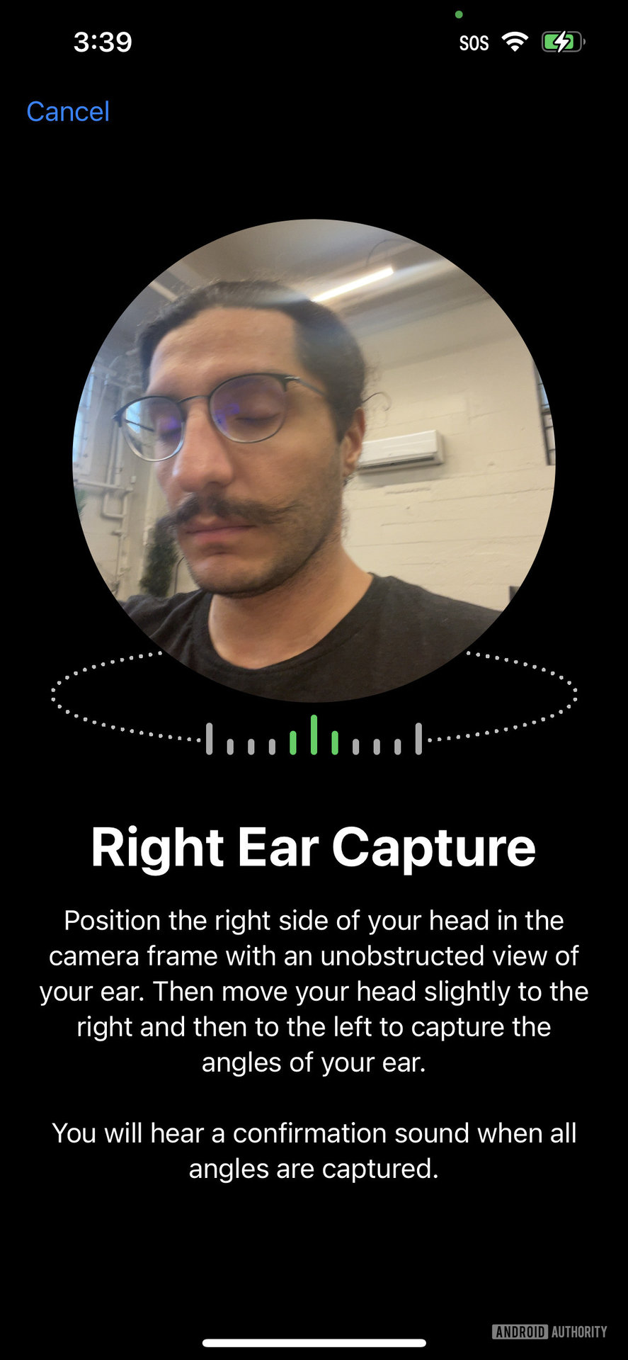 A screenshot of the AirPods Pro 2 settings page in the iPhone Settings app showing the Personalized Spatial Audio feature scanning a person's right ear.