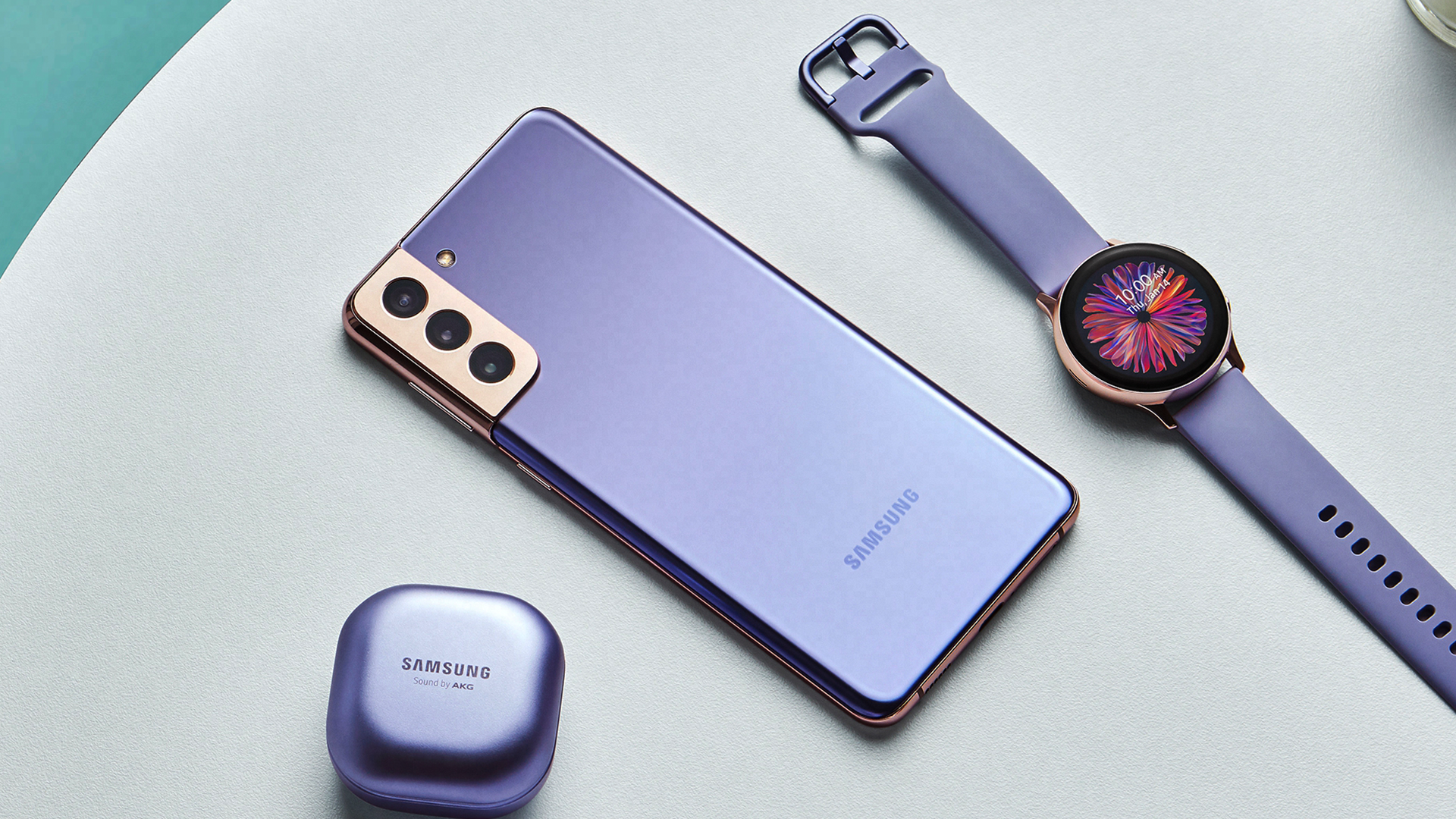 The Samsung Galaxy S21+ with the Galaxy Buds Live and Galaxy Watch 3.