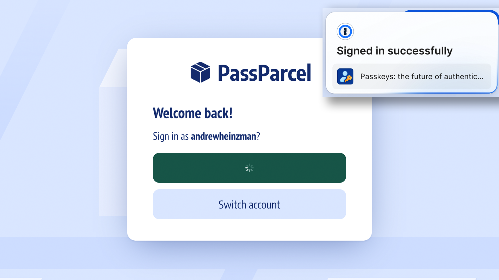 The PassParcel demo showing that I've logged in with a Passkey.