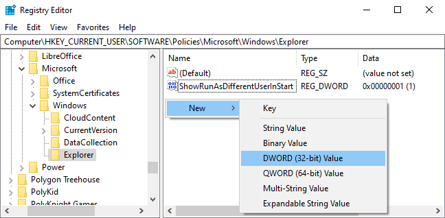 Creating a DWORD in the registry editor
