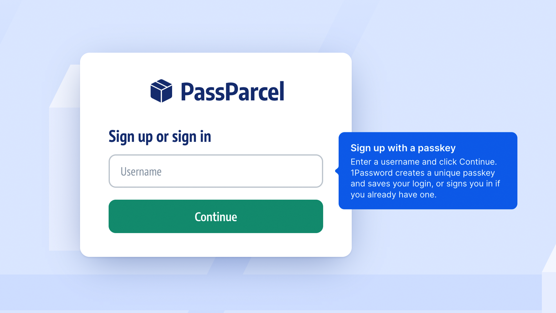 The The PassParcel demo asking me to sign up and create a passkey. The process is automatic, all I do is make a username.
