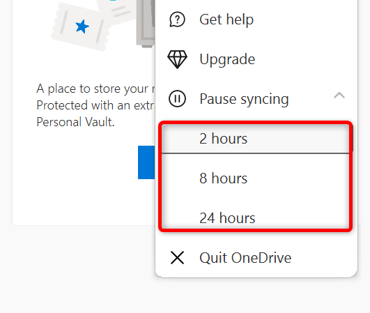 Select a pause period for OneDrive file sync.