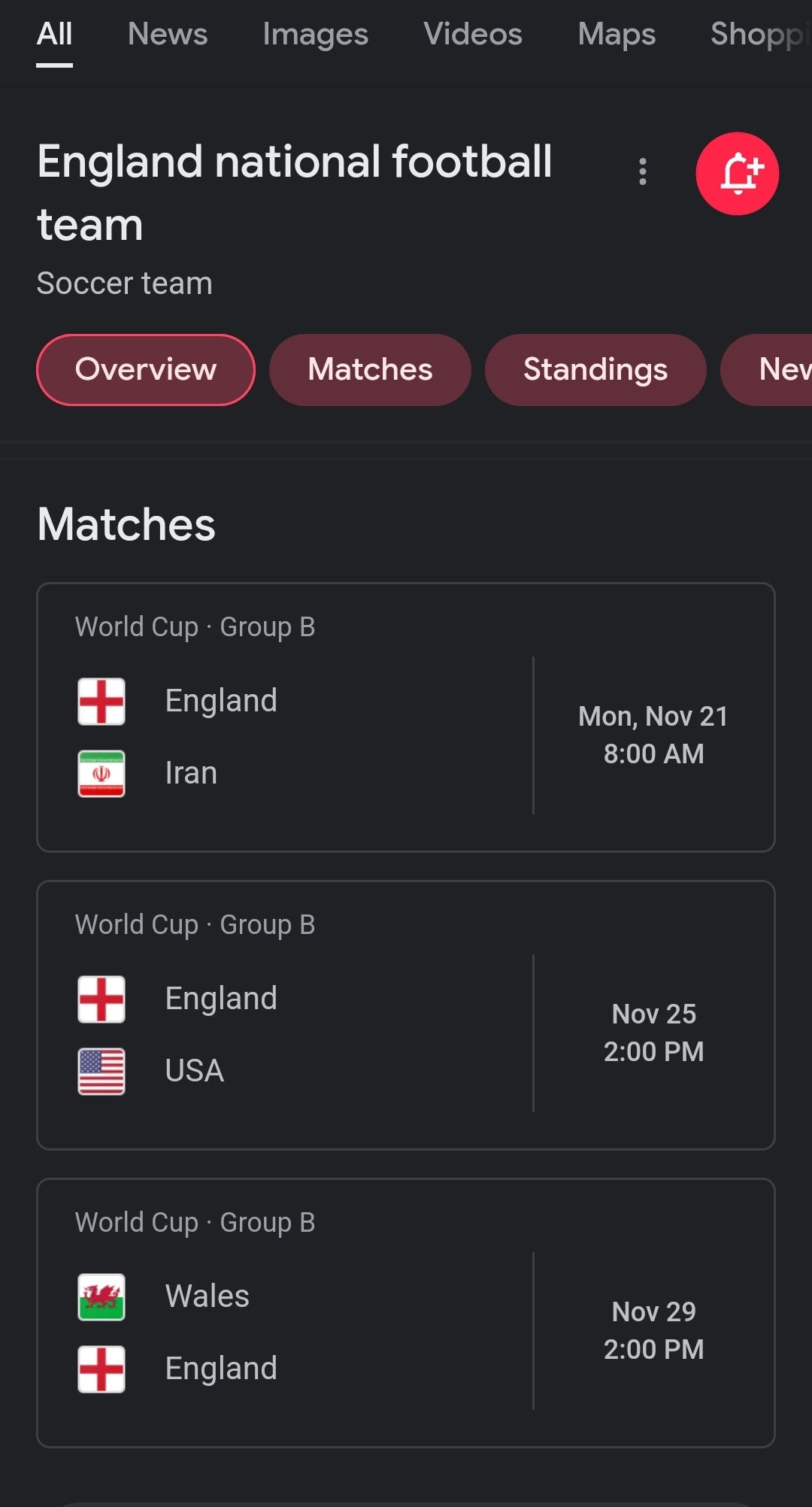 Google's search page for the English national soccer team