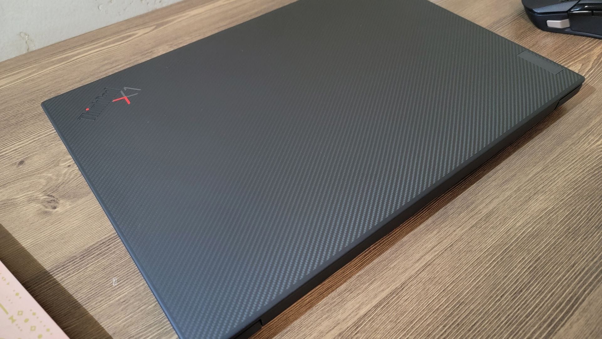 Carbon fiber surface on exterior of Lenovo ThinkPad X1 Extreme Gen 5 laptop