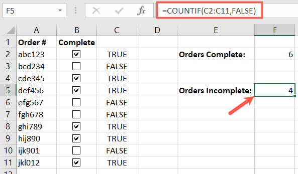 COUNTIF False for unchecked boxes