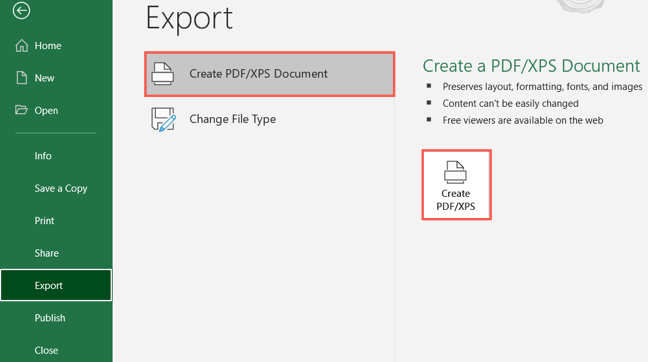 Create a PDF or XPS Document in the Export section of Excel
