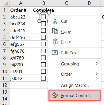 Format Control in the shortcut menu