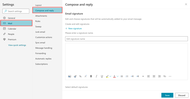 Email Signature section in the Mail Compose and Reply settings