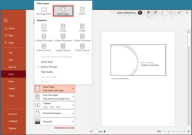 Notes Page in the PowerPoint print layout on Windows