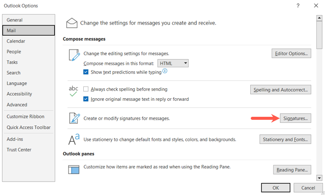 Signatures button in the Outlook Mail options