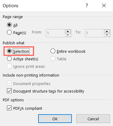 Publish Options window to pick Selection